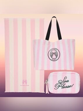 Victoria’s Secret Heritage Stripe 3PC Beach Towel Tote Spa Please Bag Bundle